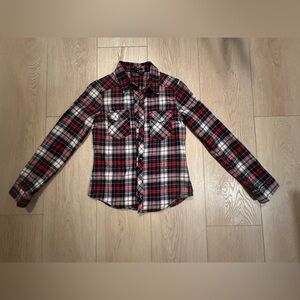 Small Red White Blue Plaid Thick Quality Fabric Fiore Flannel Button Down Shirt